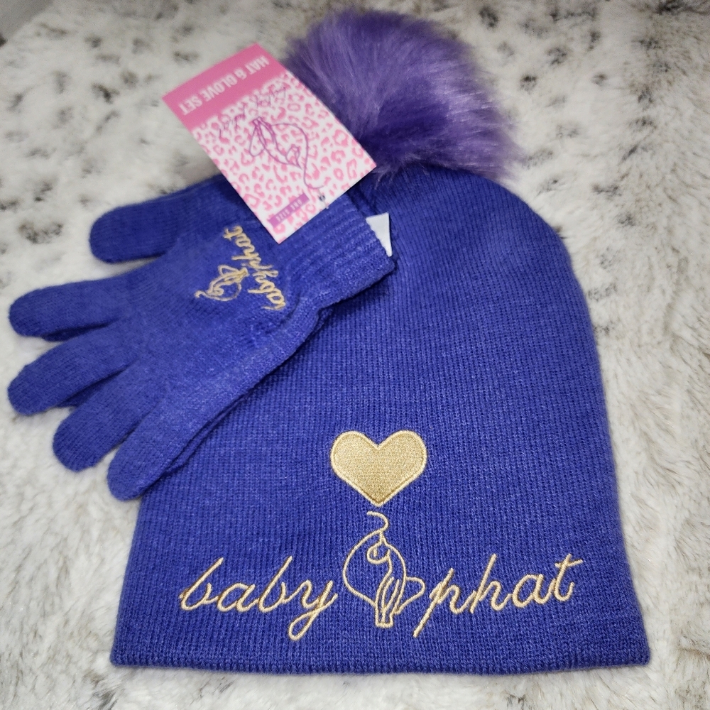 Baby Phat girl's Pom Pom knitted hat and gloves set